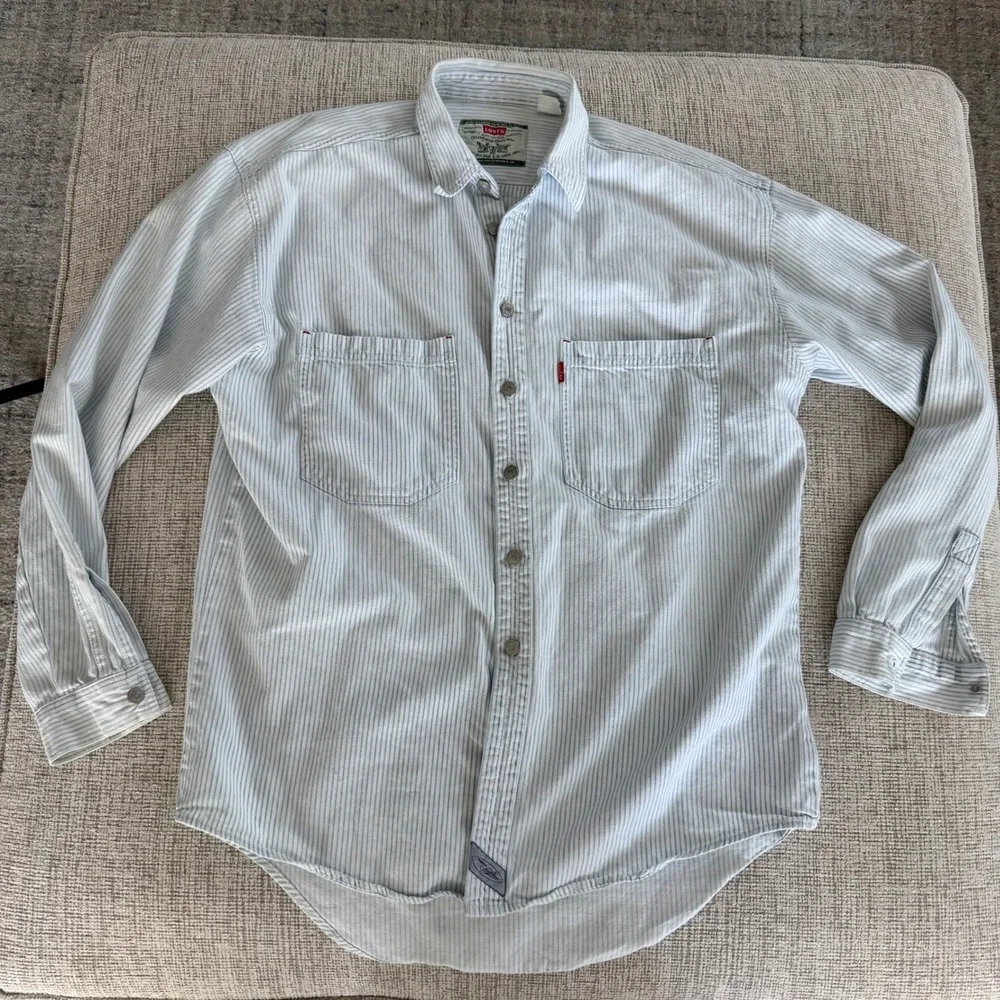 90's Levi's Mens Pinstripe Button Down Shirt Blue White Cotton Long Sleeve M